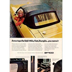 1973 Amco Convertible Tops MG Triumph Fiat Vintage Print Ad Blonde Model 70s Art